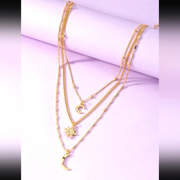 CELESTIAL LAYERED GOLD STAR AND MOONS NECKLACE 3 LAYERS NEW - Picture 3 of 5